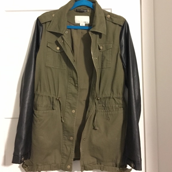 Bar III Army Green Utility Leather Sleeve Jacket
