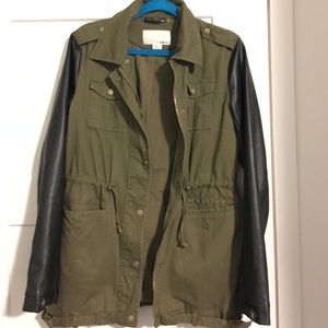 Bar III Army Green Utility Leather Sleeve Jacket