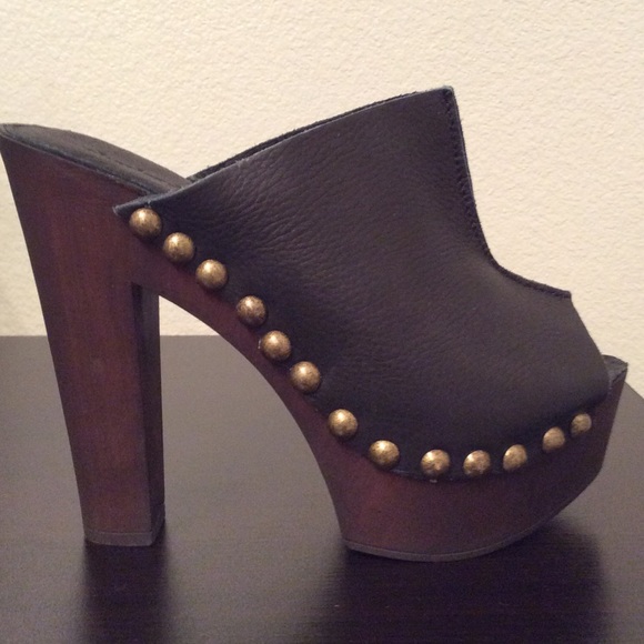 Platform Black Leather Slip On Drk Brown High Heel - Picture 2 of 4