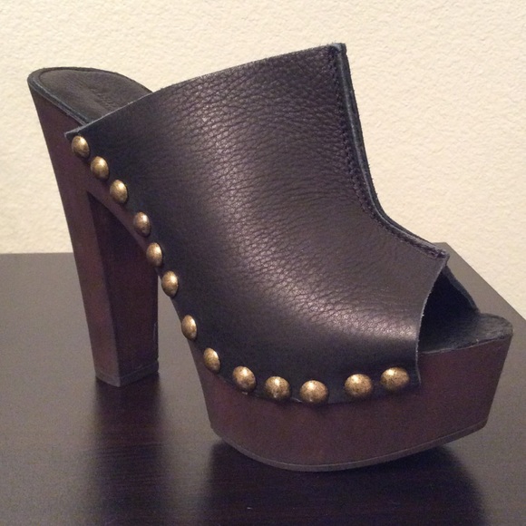 Platform Black Leather Slip On Drk Brown High Heel - Picture 3 of 4
