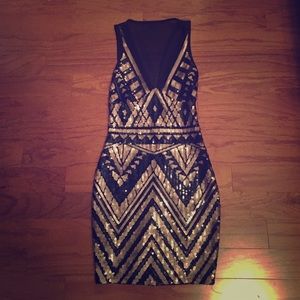 bebe xs black and gold sequin cocktail dress