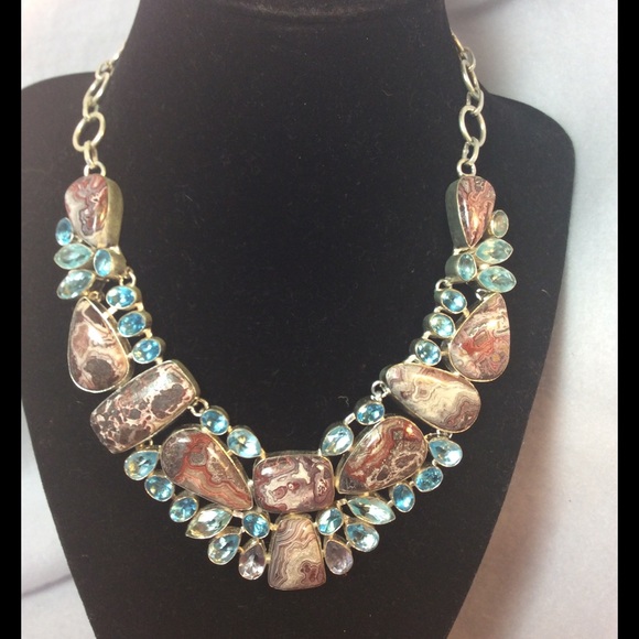 Unlisted Jewelry - Sterling, Boulder Agate, Topaz & Amethyst Necklace