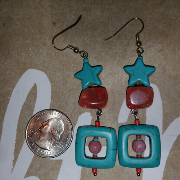 Turquoise n Coral dangles - Picture 2 of 3