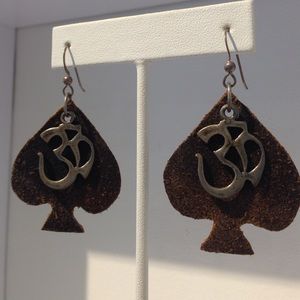 Sterling Silver Om and Brown Leather Earrings