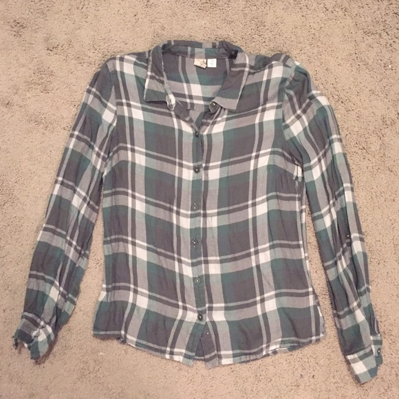 Francesca's Green and Grey Plaid Button Down Top