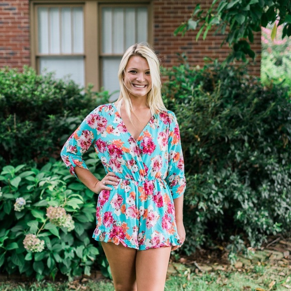 Mint Floral 3/4 Romper