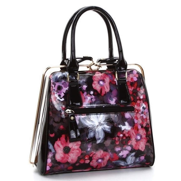 SOLD LOCALLY Black Floral Metal Frame Satchel - Picture 2 of 4
