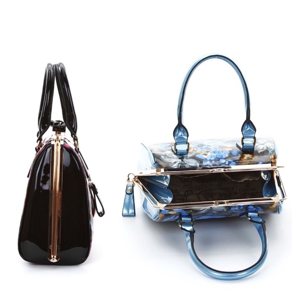 SOLD LOCALLY Black Floral Metal Frame Satchel - Picture 3 of 4