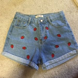 High waisted jean shorts w/ strawberry accents