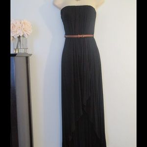 Black pleated strapless high low maxi dress