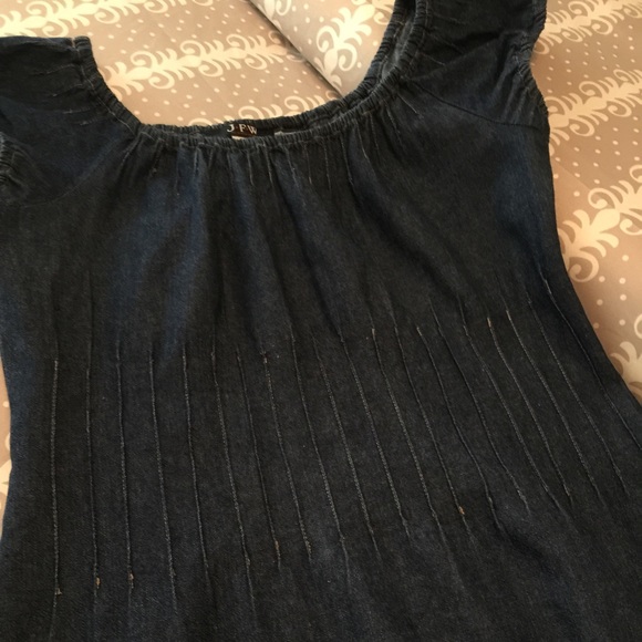 Denim, gathered, baby doll, elastic sleeve dress.