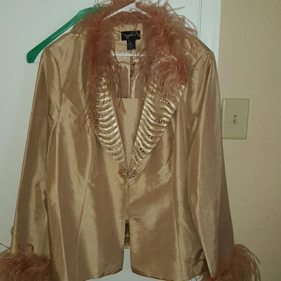 ASHRO OSTRICH FEATHER CHAMPAGNE PANT SUIT