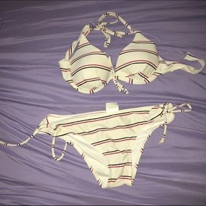 white with black and red striped swimsuit