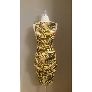 Cache' Ruched Keyhole Boat Neck Ruched Mini Dress