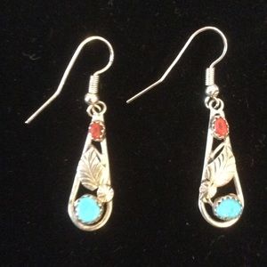 STERLING TURQUOISE CORAL RAINDROP EARRINGS W/LEAF