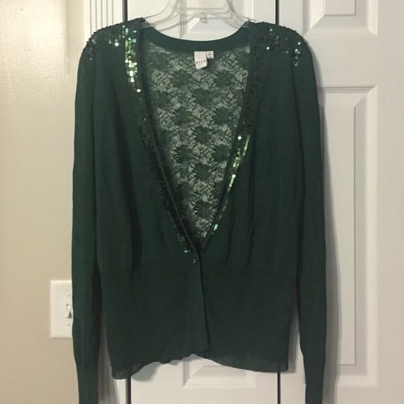 Vila Milano Sweaters - Hunter Green LS Lace Back 3 Button Cardigan