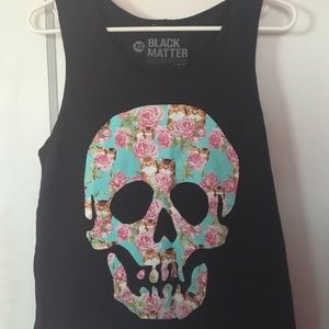 Hot Topic Black Floral Skull Cat Tank Top XS