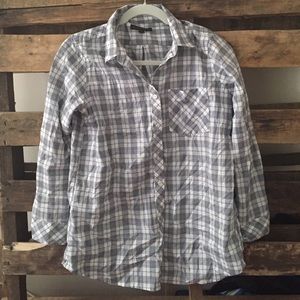 Grey and white plaid button down shirt