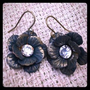 Vintage Metal Rose and rhinestone earrings