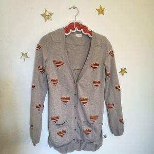 Tan cardigan with yellow and red hearts