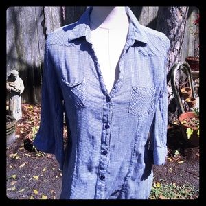 Blue and White 3/4 length sleeve blouse.