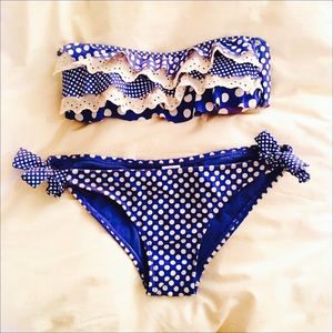 Blue & White Ruffled Polka-Dot Bikini