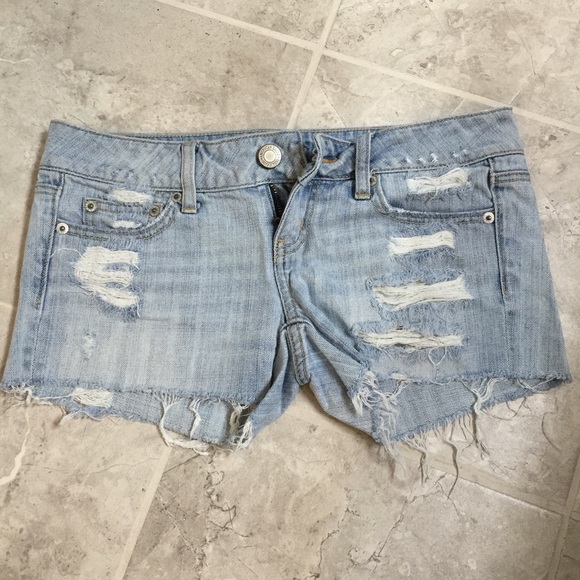 AE Medium Wash Destroyed Jean Shorts