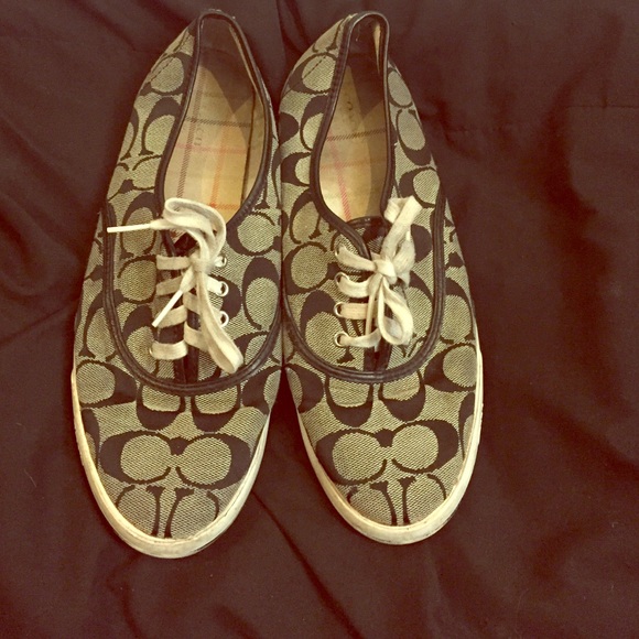 Black and grey signature print coach sneakers