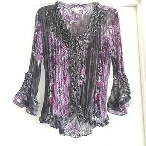 Dress Barn gray and purple ruffled blouse