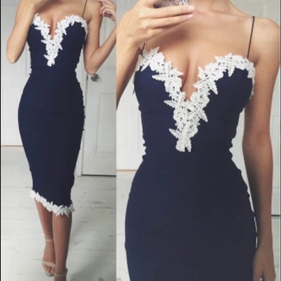 Lulus Dresses & Skirts - New Navy Deep Plunge Crochet Lace Trim Midi Dress