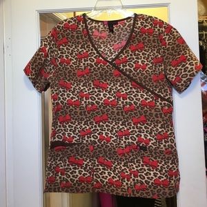 Red bow leopard print scrub top