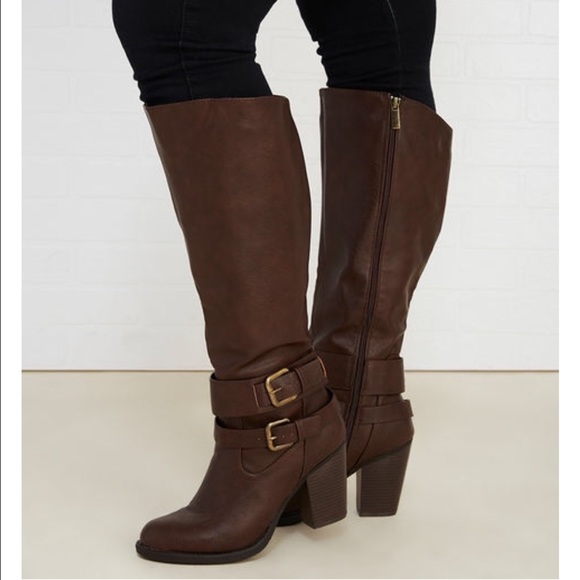 Wide calf brown high heeled boots
