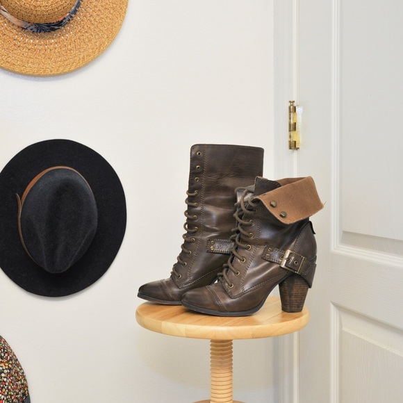 Lace up heeled fold over boots
