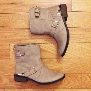 Taupe, gold buckle boots