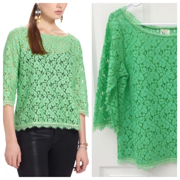 Anthropologie Fringed Lace Layer Tee Top Green