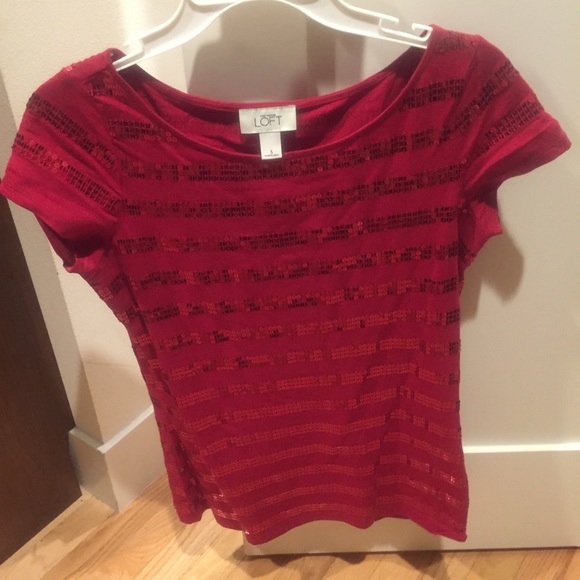 Ann taylor loft red striped sequins t-shirt Sz S - Picture 1 of 3