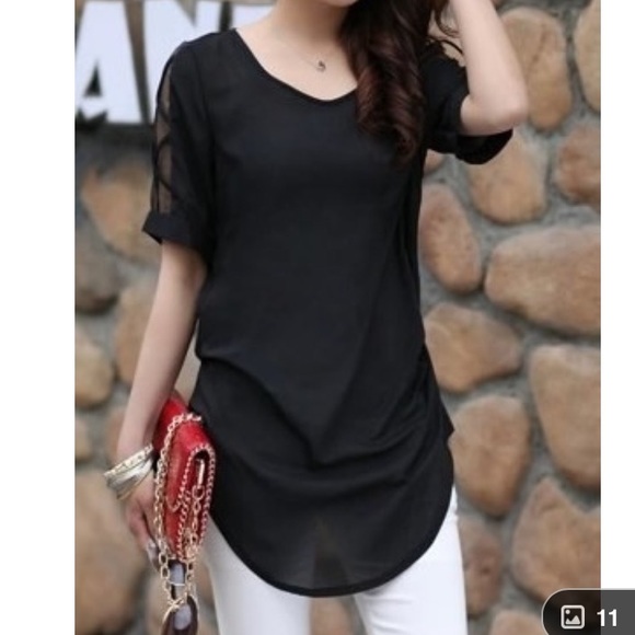 Round Neck Short-sleeve Mesh Stitch Chiffon Shirt