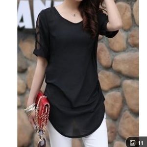 Round Neck Short-sleeve Mesh Stitch Chiffon Shirt