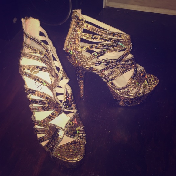 Black and gold iridescent heels