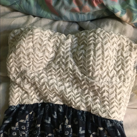 Cream and blue strapless dress down to the knees