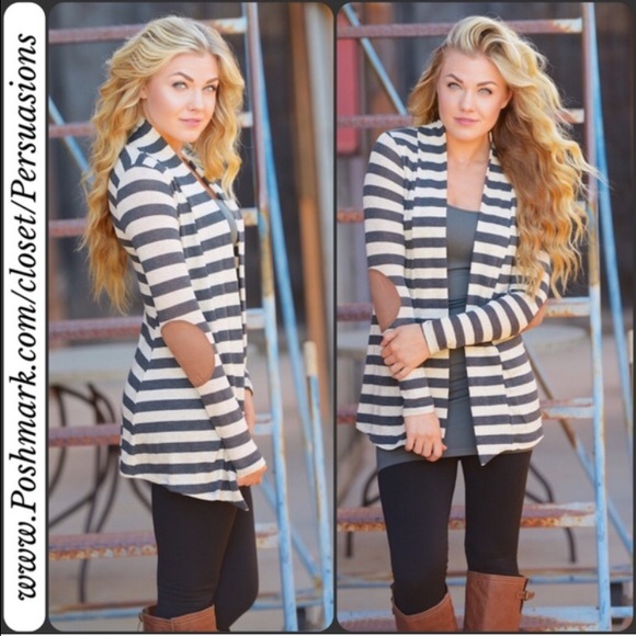 SOLD OUT 🌻NWT Gray Striped Elbow Patch Cardigan - Picture 2 of 4