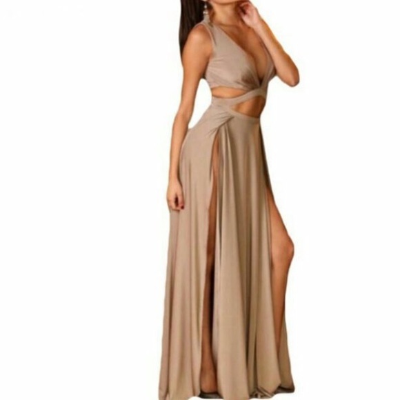 ❌Sold❌Sexy Long slit tan dress - Picture 2 of 2