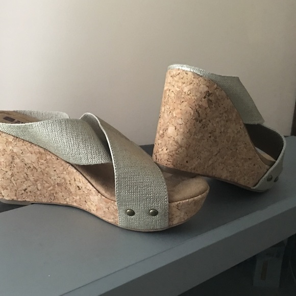 Gold cork heel wedge sandals NEW
