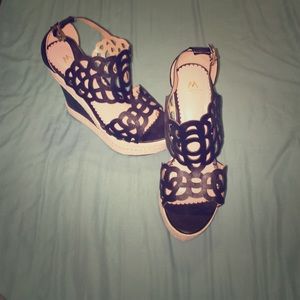 Black & & Nude Laser Cut Wedge Sandals