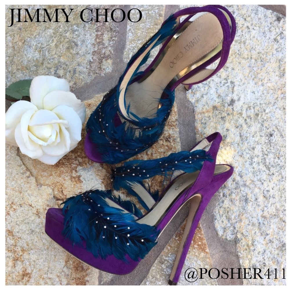 Jimmy Choo Marlene Feather/Suede Sandal Heels - Picture 1 of 8