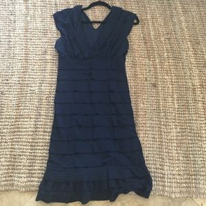Max Studio navy ruffle dress, stretchy, V neck.