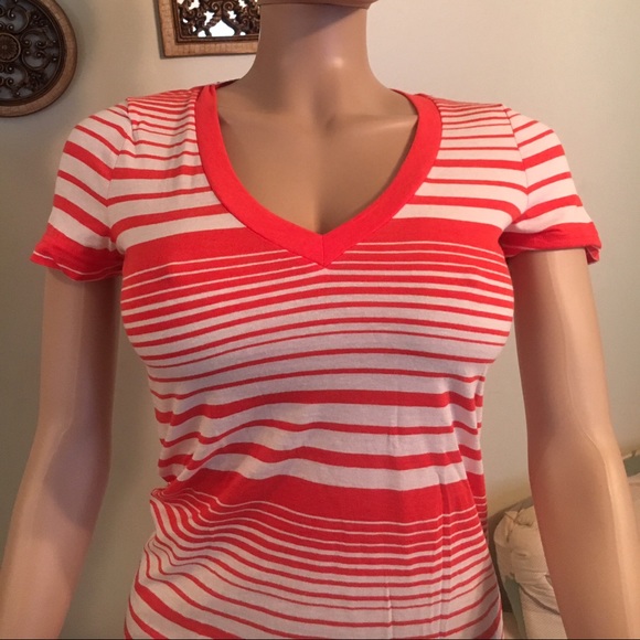 V-neck stretch tangerine striped long tee -NWT, SM - Picture 2 of 4