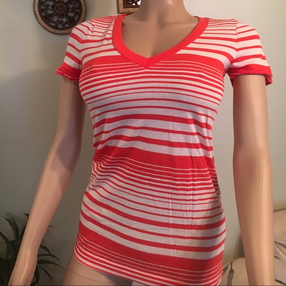 V-neck stretch tangerine striped long tee -NWT, SM - Picture 4 of 4