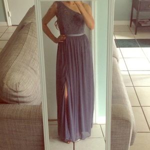 Gray one shoulder, lace top gown.