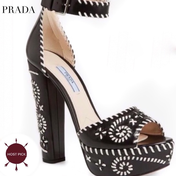 🎉PRADA EMBROIDERED PLATFORM BLACK SANDAL - Picture 7 of 8